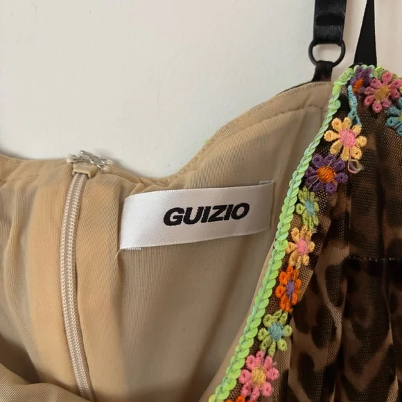 guizio brown cheetah leopard print bodycon mini dress with colourful floral trim - Picture 5 of 6